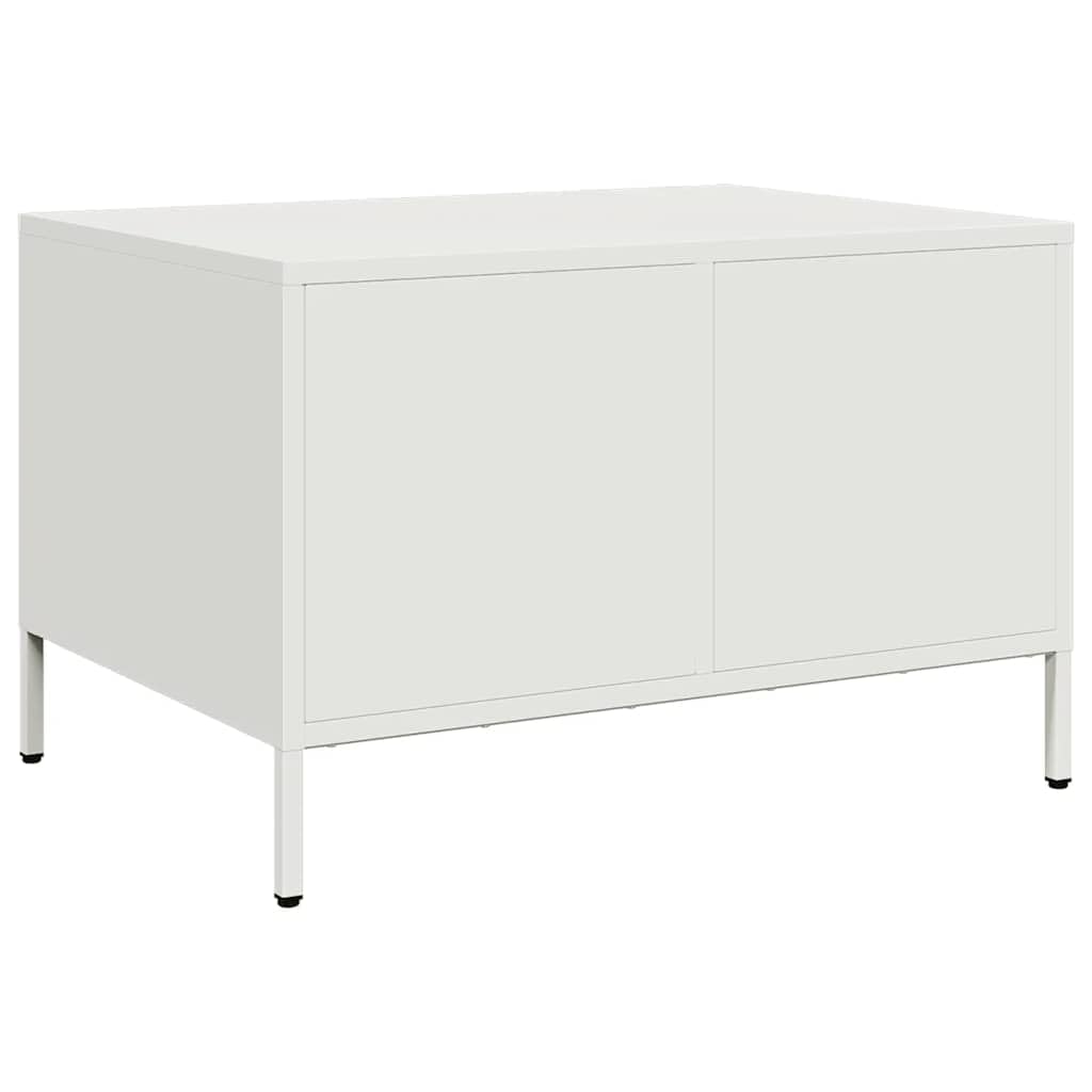 Mesa de centro blanca 68,5 × 50 × 43,5 cm, acero frío, altura regulable, 1 cajón y estante, pequeña mesa auxiliar