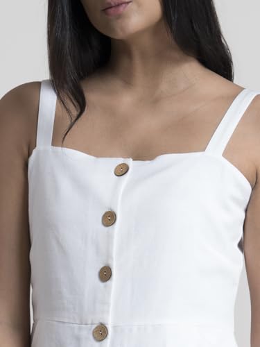 FableStreet Women Cotton White Solid Button-Down A-Line Midi Dress - Image 5