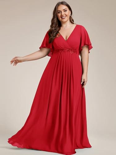 Image of Ever-Pretty Short Sleeves V Neck Plus Size Formal Dresses for Curvy Women Chiffon Mother of The Bride Dress Evening Gowns