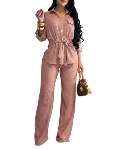 CHICME 2 Piece Sets for Women Fall Outfits Business Casual-Pink-Medium