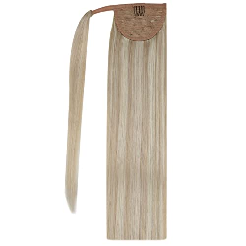 Blonde Ponytail Extensions Remy Human Hair 18 Inch 80g Clip in Ponytail Hair Extensions 18P613 Ash Blonde Highlighted Bleach Blonde Wrap Around Ponytail