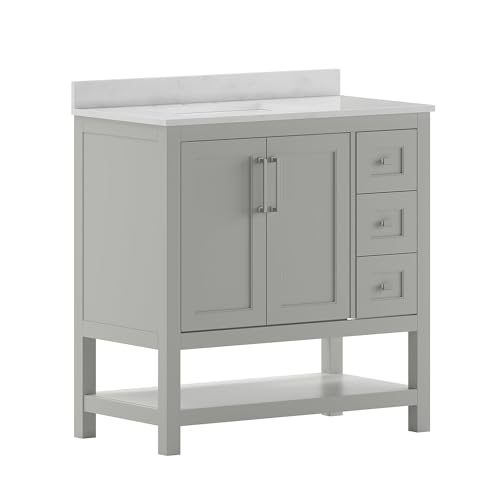 Flash Furniture Vega 36 Inch Bathroom Vanity with Sink, Storage Cabinet with Soft Close Doors, Open Shelf and 3 Drawers, Carrara Marble Finish Countertop, Gray/White