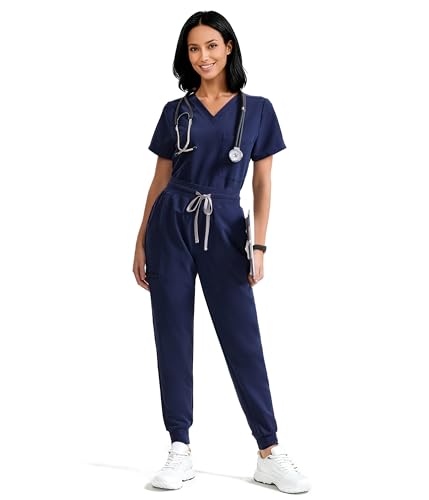 YESWEL Scrubs for Women Set, V-Neck Top & High Waisted Jogger Pants, 8 Pockets Stretchy Medical Uniform Workwear (Standard, Navy, Large)