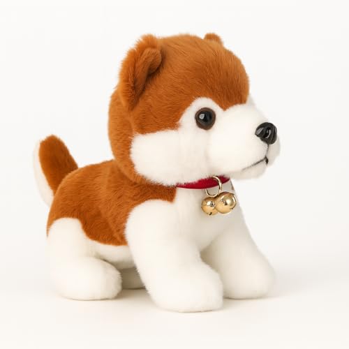 Image of Realistic Dog Plush Toy with Bell - 22cm Soft Stuffed Puppy for Kids | Cute Small Puppy Doll with Brown & White Fur for Boys & Girls