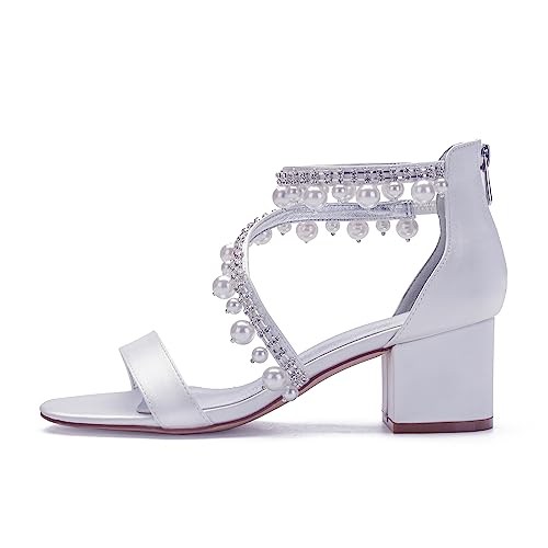Women's Low Block Heel Sandals Chunky Ankle Strap Satin Pearl Wedding Shoes for Bride Low Heels Formal Prom Party Dress Shoes Comfortable Pump Sandals2
