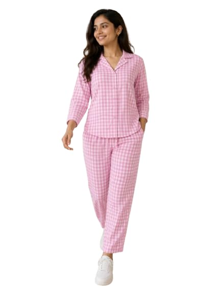 Women's Co-Ord Set, Pink Gingham Check, 3/4 Sleeve Shirt with Matching Trousers-image-34