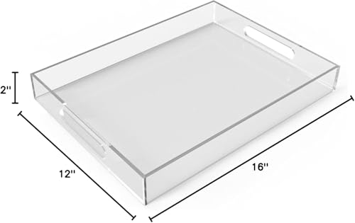 Allhercom 12"x16" Acrylic Serving Tray with Handles, Spill Proof Clear Decorative Tray, Lucite Tray for Coffee Table, Vanity, Makeup Organizer