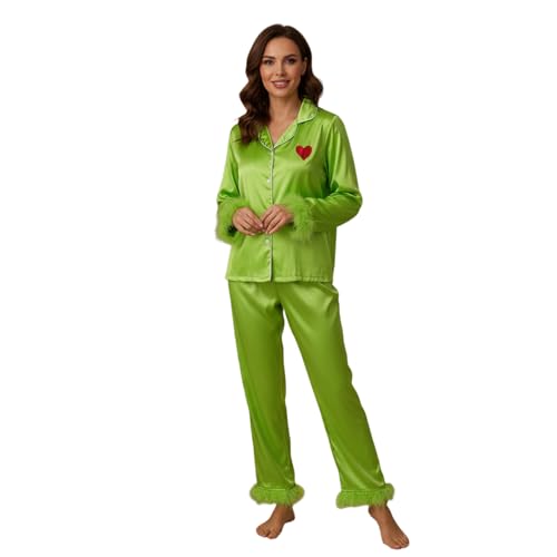 Ayalinggo Women Xmas Pjs Set Green Satin Silk Button Down Shirts Jammies Sleepwear Family Christmas Pajamas Matching Sets Women Green L