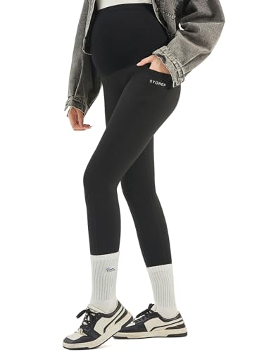 SHEKINI Legging de Grossesse pour Femme avec Poches Opaque Taille Haute Pantalon Maternité Doux et Extensible Mode de Grossesse Yoga Sport