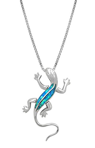 Honolulu Jewelry Company Sterling Silver Gecko Necklace Pendant with Simulated Blue Opal and 18" Box Chain