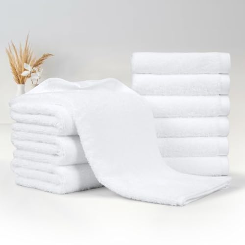 Image of Amazon Basics Soft and Thick Cotton Hand Towels for Bath, Kitchen, Gym, 16 x 26 in, White, 12-Pack