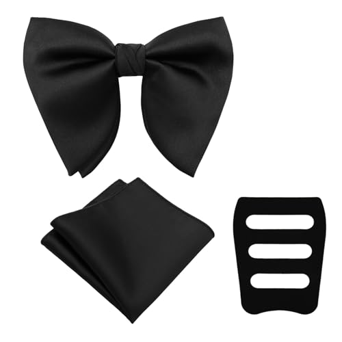 Image of Oversized Bow Ties for Men, Pre-Tied Bow Tie and Handkerchief with Pocket Square Holder Set for Wedding Party Daily