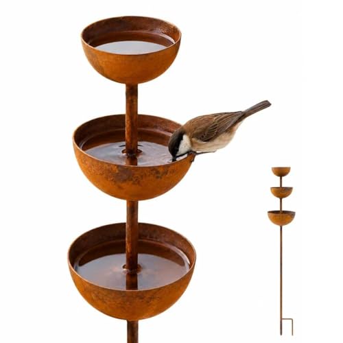 BLANRICO Rain Catcher Garden Stake 3-Tier Bird Bath & Butterfly Feeder 26.7 Metal Watering Station for Outdoor Yard Patio Decor (1 Pack)