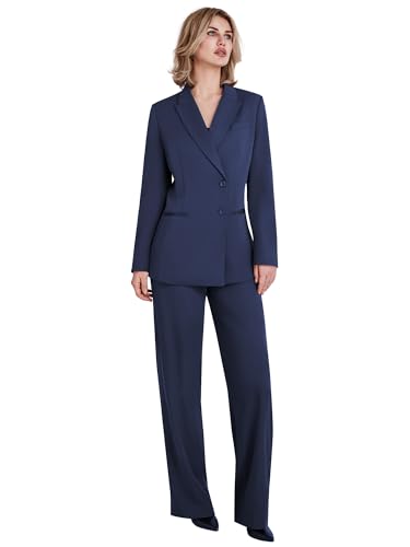 Women's 2 Piece Suit One Button Business Casual Office Work Outfits Dressy Blazer Wide Leg Pants Set Navy