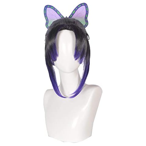 Anime Cosplay Wig Women Girls Black Mix Purple Synthetic Wigs for Demon Slayer Kimetsu no Yaiba Cosplay Butterfly Hairpin Halloween Costume Wig with Free Wig Cap-Size Approx 22-24In (Kochou Shinobu) Cover