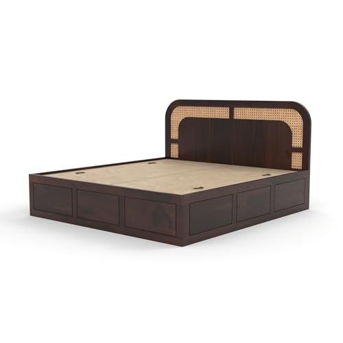 Image of Sheesham Wood Cane Bed with Box Storage for Bedroom | King Size Wooden Double Bed Palang with Curved Rattan Headboard (Walnut Finish)