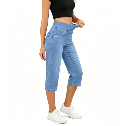 GOHRSHA Capri Jeans for Women Jean Capris for Women Stretchy Light Weight Elastic Waisted Denim Capri Pants Summer Fashion Loose Casual Yoga Pants Fashion Clothing