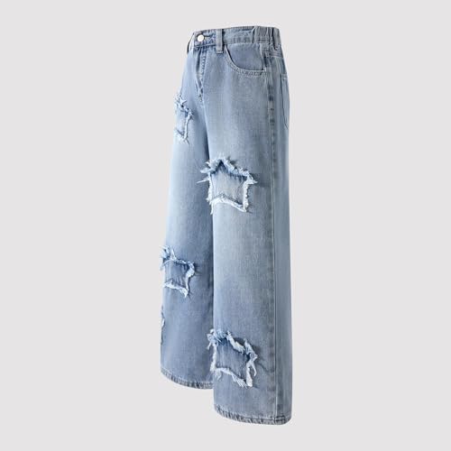Girls Star Applique Jeans Elastic Band Straight Leg Jeans with Pockets Vintage Y2K Streetwear Aesthetic Teen Fall Denim Pants2