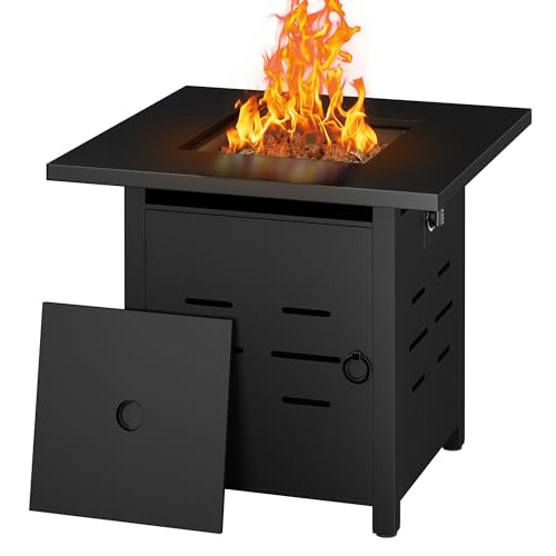 SUNLEI 30 Inch Gas Fire Pit Table, 50,000 BTU Outdoor Propane Fire Pits with Removable Lid and Lava Rock for Patio, Yard, Grey Wood