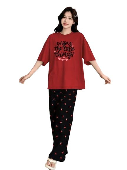 Image of KSHS Printed Round Neck Short Sleeve Nightsuit Set | Pajama Set | Casual Night Dress for Women