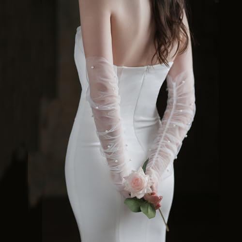 Long Wedding Tulle Gloves - White Pearl Bridal Elbow Length Summer Fingerless Gloves for Women and Girls3