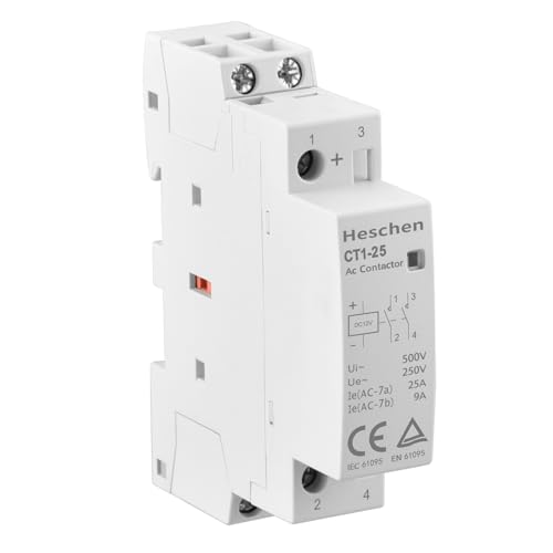 Heschen Contactor AC para el hogar, CT1-25, Ie 25 A, 2 pines, dos normales abiertos, voltaje de bobina DC 12V, montaje en carril DIN de 35mm