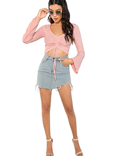 Image of SweatyRocks Women's Adjustable Drawstring String Long Bell Sleeve Rib Knit Sexy Crop Top