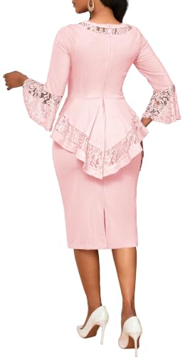Image of sexycherry Lace Dresses for Women 3 /4 Sleeve Cocktail Pencil Split Dress | Women's Lace Wedding Guest Dresses Crew Neck Knee Length Split Fall Outfits