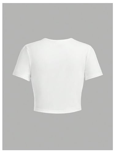 WDIRARA Girl's 3D Floral Decor Round Neck Short Sleeve T-Shirt Summer Slim Fit Cropped Tee Tops2