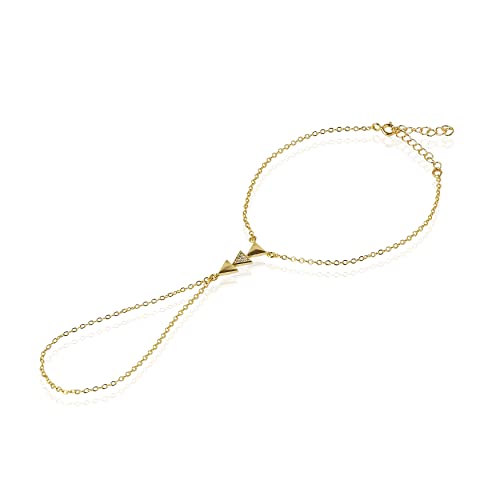 Bijoux de main - bracelet main plaqué or - Chaîne dorée - Bracelet de main - Bague or - Triangles dorés - Zircon transparent - Géométrique