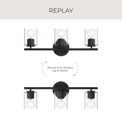 Image of Progress Lighting Replay 22 Inch 3-Light Vanity Light, Transitional, Black with Clear Glass Shades, (7.875 inch H x 22 inch W x 6 inch D), P300583-031
