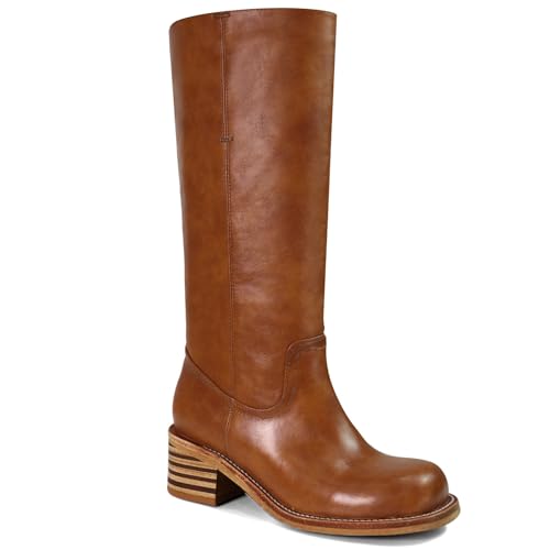 UBWDU Brown Platform Boots for Women Knee High Wide Calf Long Boots Square Toe Chunky Heel Campus Tall Boots Low Heel Wide 7
