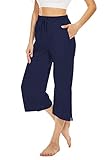 Fourindo Jogginghose Damen Sporthose Damen 3/4 Weites Bein Yogahose mit Taschen Leicht Bequeme Freizeithose Stoffhose High Waist Jogginghose für Sport Yoga Alltag