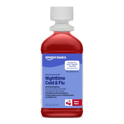 Amazon Basics Nighttime Cold & Flu Relief Syrup, Pain Reliever, Fever Reducer, Cough Suppressant, Antihistamine, Cherry, 8 fl oz (Pack of 1) (Previously Care) - image 1