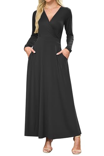 AUSELILY Womens Long Sleeve Maxi Dress 2025 Fall Dress V Neck Wrap Waist Formal Long Dresses with Pockets