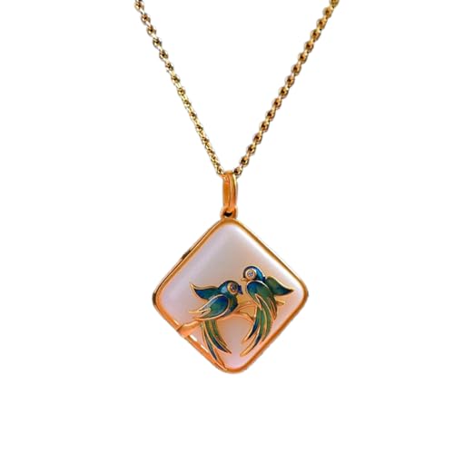 Collier en jade de Hetian carré artisanat émail oiseau