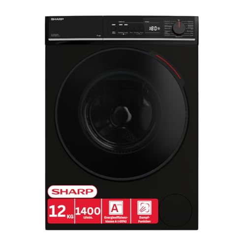 SHARP ES-PRO214BA-DE Waschmaschine Frontlader, 12kg, 1400U/min, Smarte Bedienung durch Veezy App, Dampffunktion, Inverter, 15 Programme, AquaStop, Schwarz