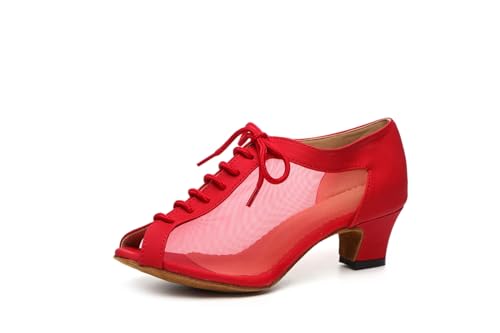 ZHCRCfirm Women's Lace-up Breathable Mesh Open Toe Ballroom Tango Samba Party Wedding Practice Dance Shoes YCL504 Red US 10