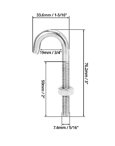 QWORK Steel J-Bolt with Nut, 5/16" x 3" Anchor Bolts, Pack of 10