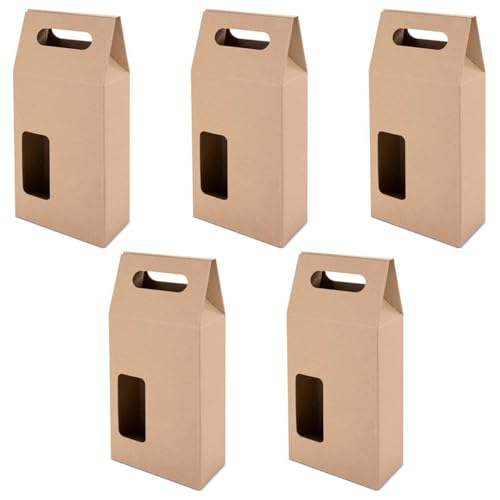ACAN Tradineur   Pack de 5 Cajas de cartón con Ventanas, aptas para 2 Botellas de Vino, Incluyen asa, Guardar, Regalar, Envolver champán, Navidad, 41 x 18 x 9 cm