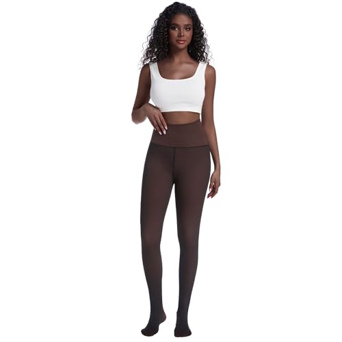Image of Soxbang High Waisted One Seam Fleece Lined Tights,Seamless Control Compression Fake Translucent Dark Skin Insulated Tights