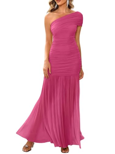Image of LAGSHIAN Women's Elegant Formal Long Dress One Shoulder Sleeveless Ruched Bodycon Evening Dress