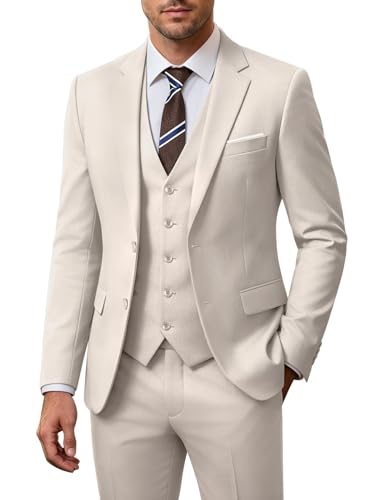 Image of Men's 3 Piece Slim Fit Suit Set, Two Button Blazer Solid Jacket Vest Pants Wedding Business Suit
