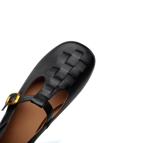 TinaCus Women's Soft Leather Round Toe Weave T-Strap Stacked Heel Mary Jane Flats Shoes2