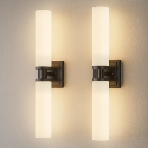 Black Wall Sconces Set of Two, Bathroom Sconces with Frosted Glass Shade, Modern Vanity Sconces Lighting over Mirror, Wall Light Fixtures for Living Room Bedroom Hallway (Bulbs Not Included)