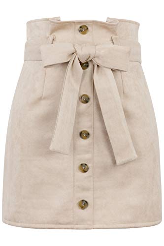 Meyeeka Womens Stretch Paperbag High Waist Faux Suede Bodycon Pencil Casual Mini Skirt Beige L #TOP4