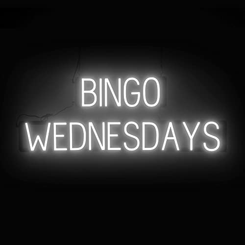Image of SpellBrite LED Neon BINGO WEDNESDAYS Sign for Business - White, 41 inch x 15 inch | Ultra-Bright Click-Together Signage for Bars & Restaurants, with Visibility from 500 ft - 8 Animations, 6 Brightness Levels