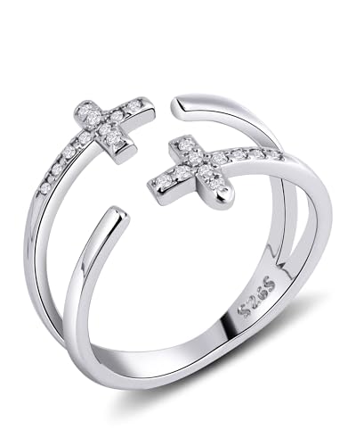 Desnuage Sterling Silver Cross Ring for Women - Adjustable Open Ring with Double Cross & Zircon Design, Stackable Statement Jewelry