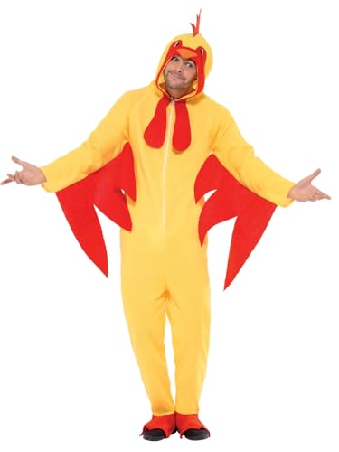 Smiffys Chicken Costume, Bright Yellow Hooded All-in-One Jumpsuit with Attached Beak and Comb, Party Animals Fancy Dress Outfit, Fun Adult Animal Dress Up Costumes for Parties and Events