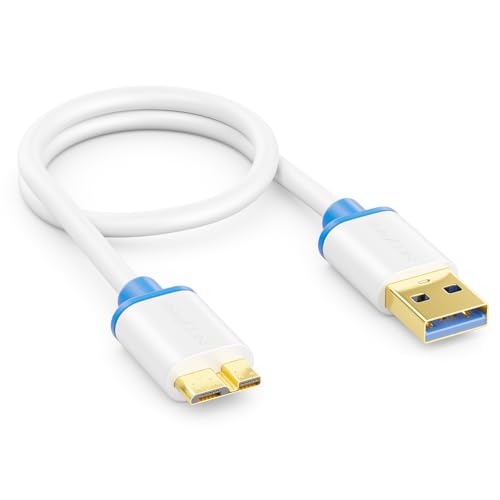 deleyCON 0,30m Krótkie Kabel Micro USB 3.0 - Przewód Danych do 5 Gbit/s - Kabel ładujący do Telefonów, Smartfonów, Tabletów i Zewnętrznych Dysków Twardych - Wtyk USB‑A do Micro‑B - Biały